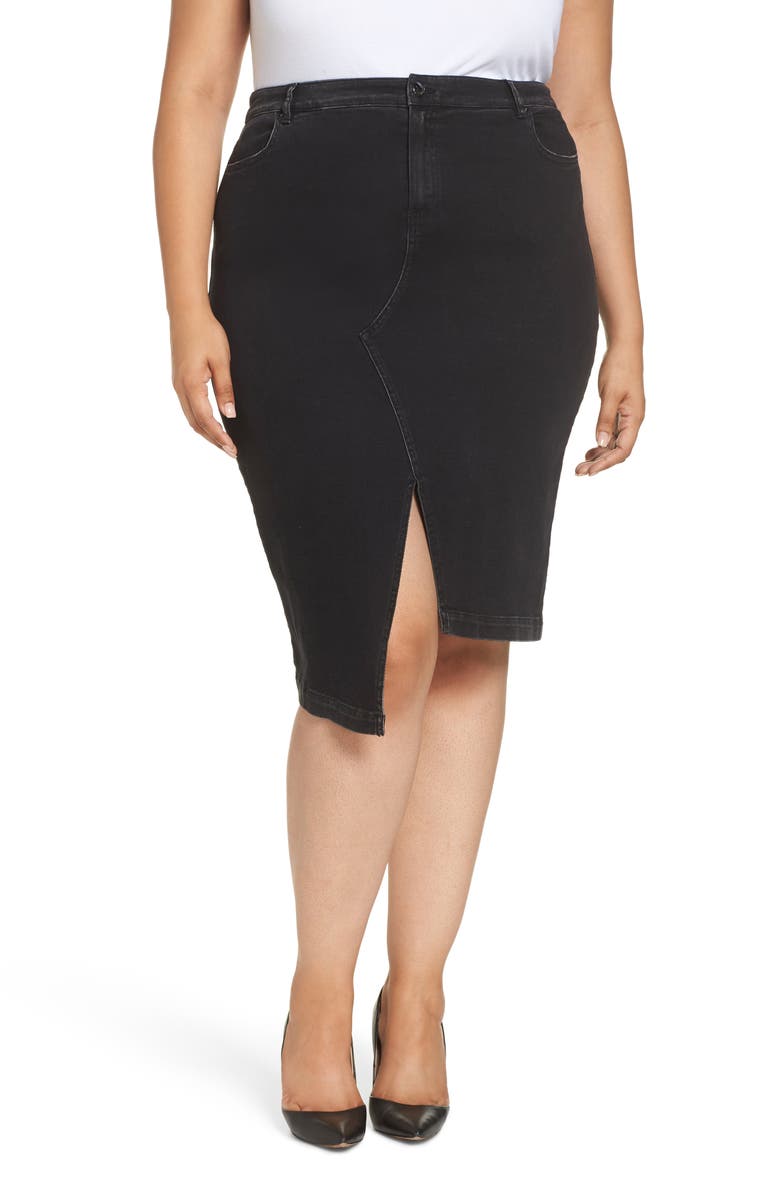 Ashley Graham X Marina Rinaldi Canoa Asymmetrical Denim Skirt, Main, color, 
