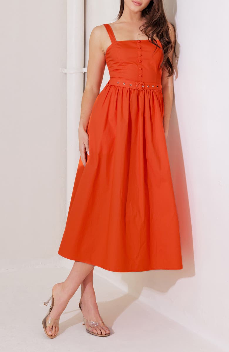 FREEMARKET Belted Cotton Midi Dress, Alternate, color, Tomato
