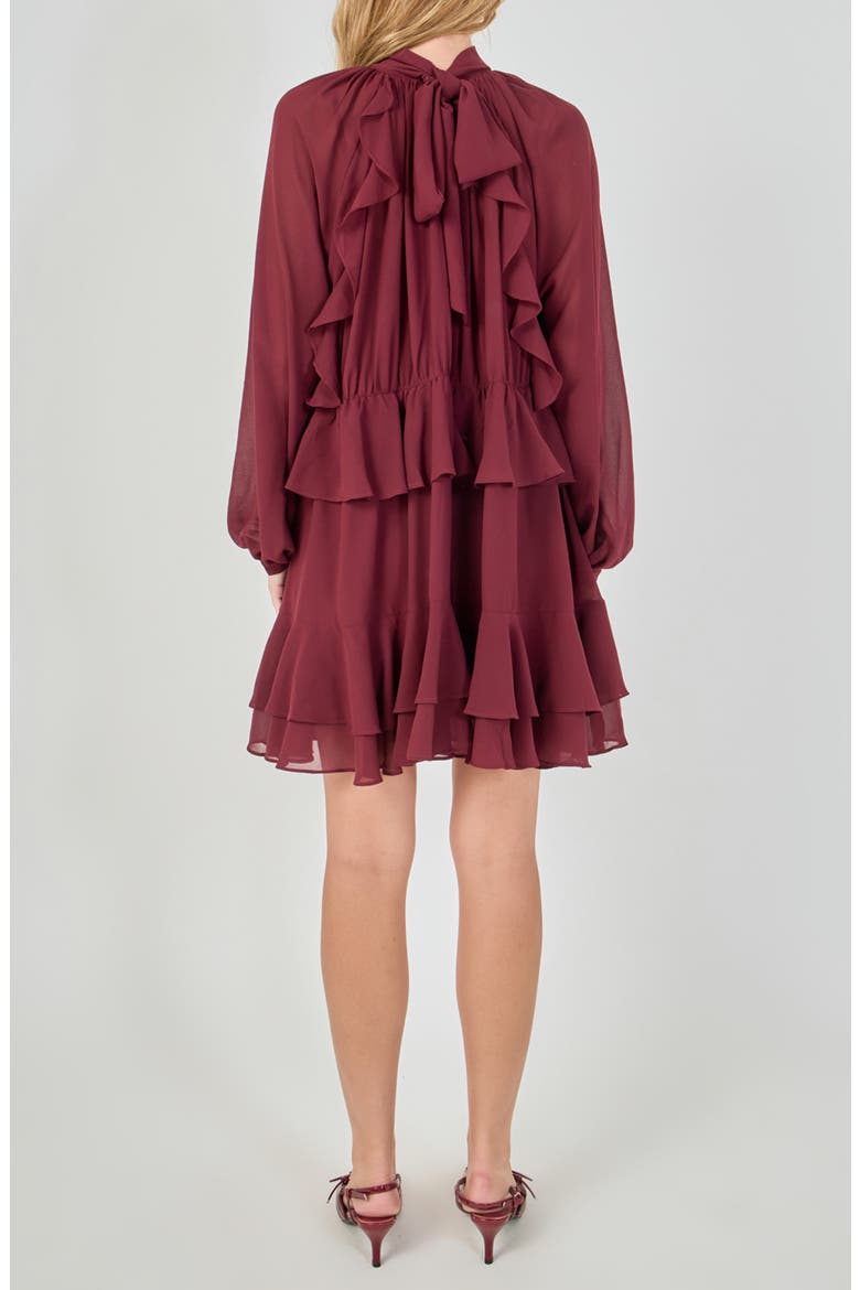 Ruffle Tie Back Long Sleeve Chiffon Dress, Alternate, color, BORDEAUX