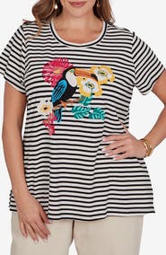 RUBY RD Toucan Graphic Striped T-Shirt
