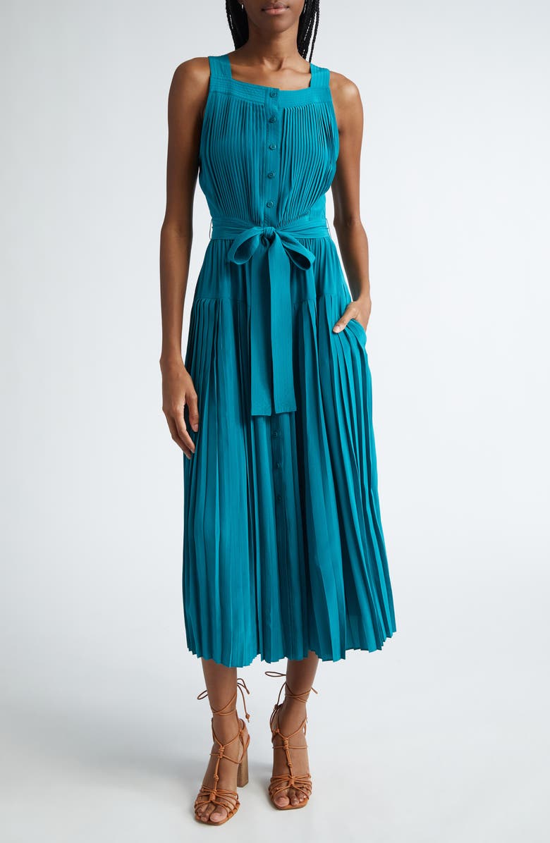Ulla Johnson Annabeth Pleated Button Front Silk Maxi Dress, Main, color, Jade