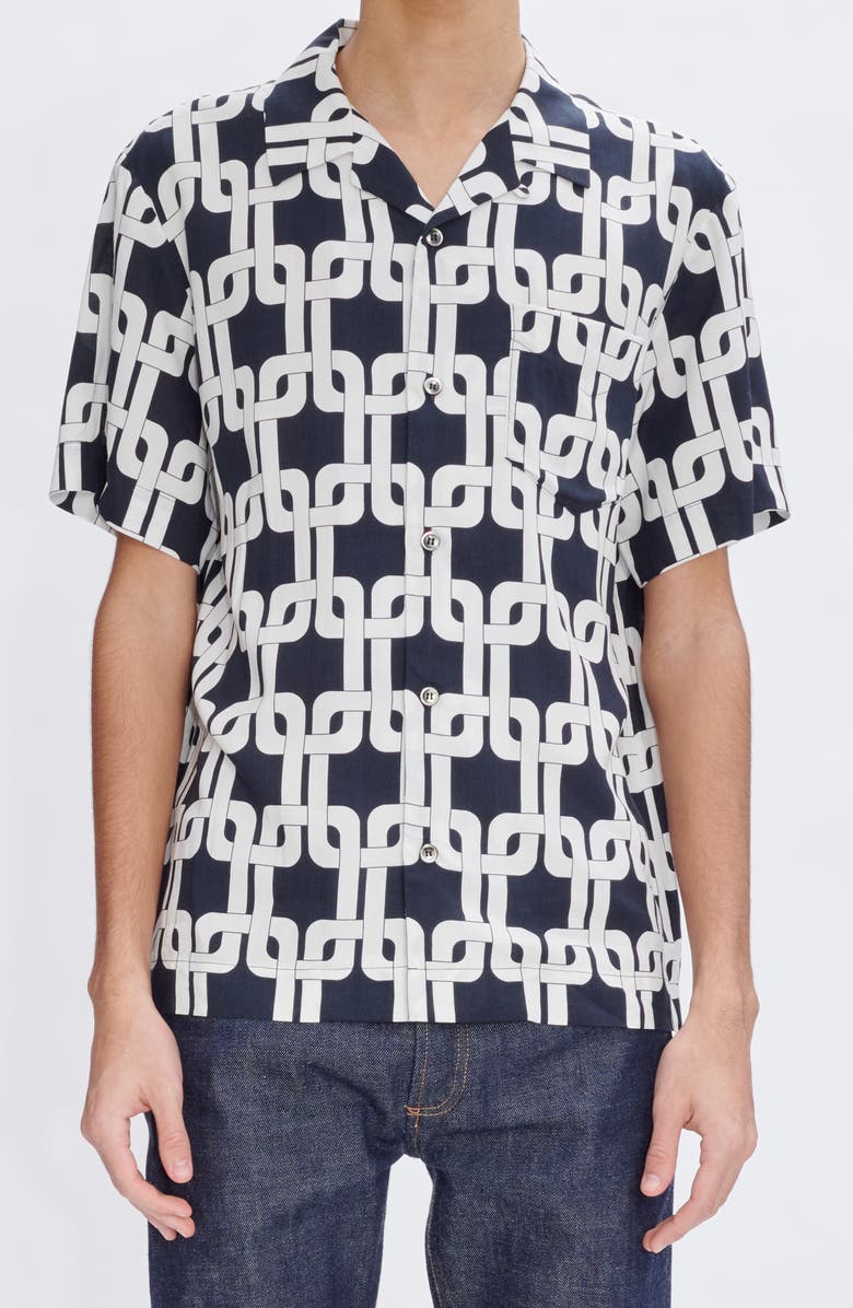 A.P.C. Lloyd Link Print Viscose & Linen Camp Shirt, Alternate, color, Iak Dark Navy