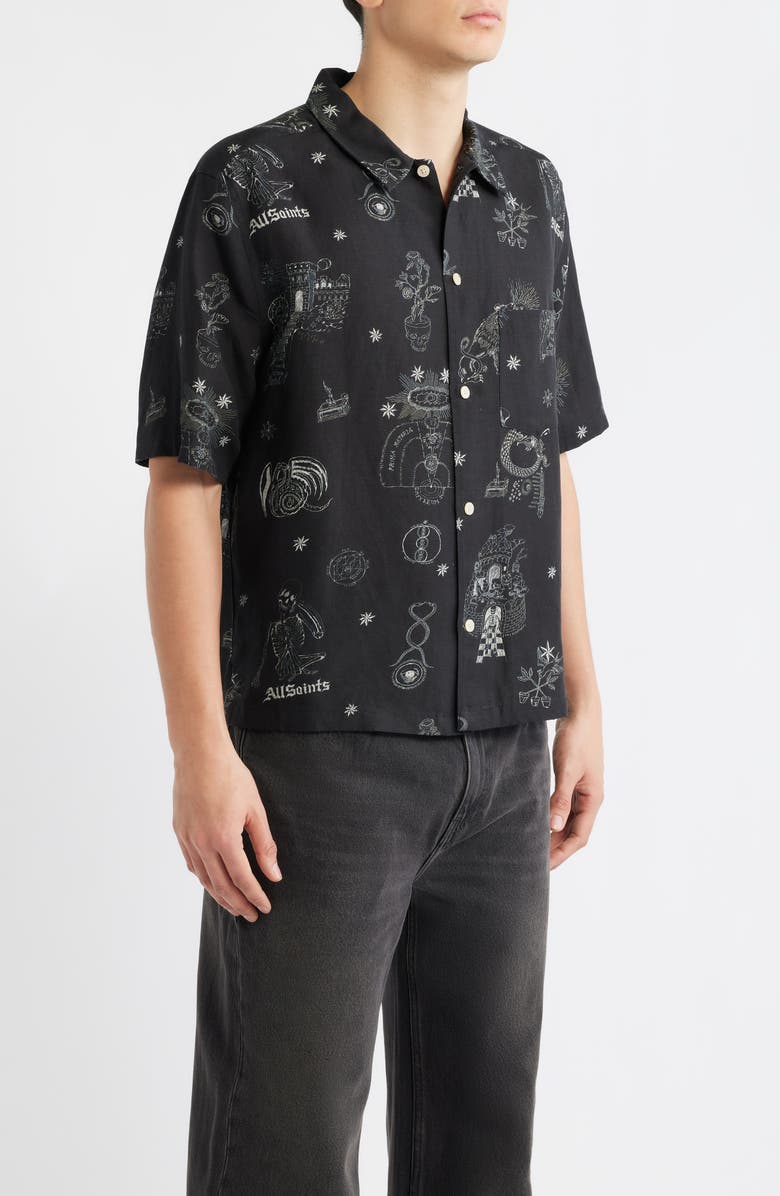AllSaints Terra Print Short Sleeve Button-Up Shirt, Alternate, color, Jet Black