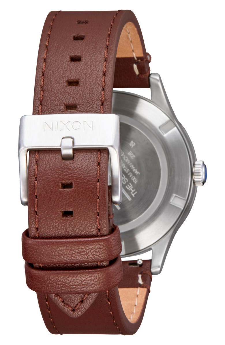 Nixon Sentry Solar Leather Strap Watch, 40mm, Alternate, color, Navy Sunray / Silver