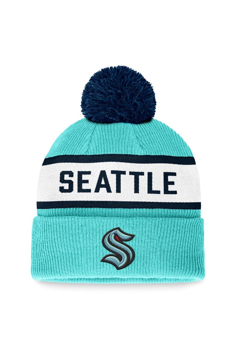 FANATICS Men's Fanatics Branded Light Blue Seattle Kraken Fundamental Wordmark Cuffed Knit Hat with Pom, Main, color,