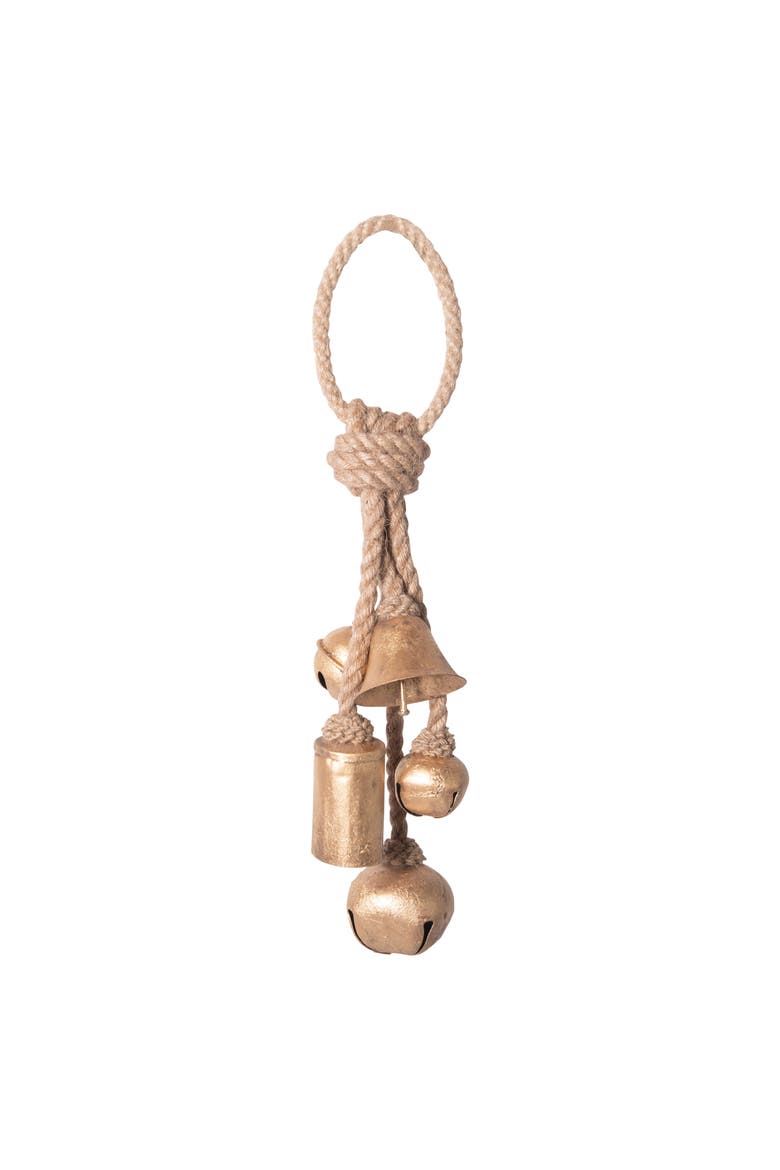 Decorative Metal Bells in Various Shapes on Jute Rope Hanger, Main, color, Gold Finish