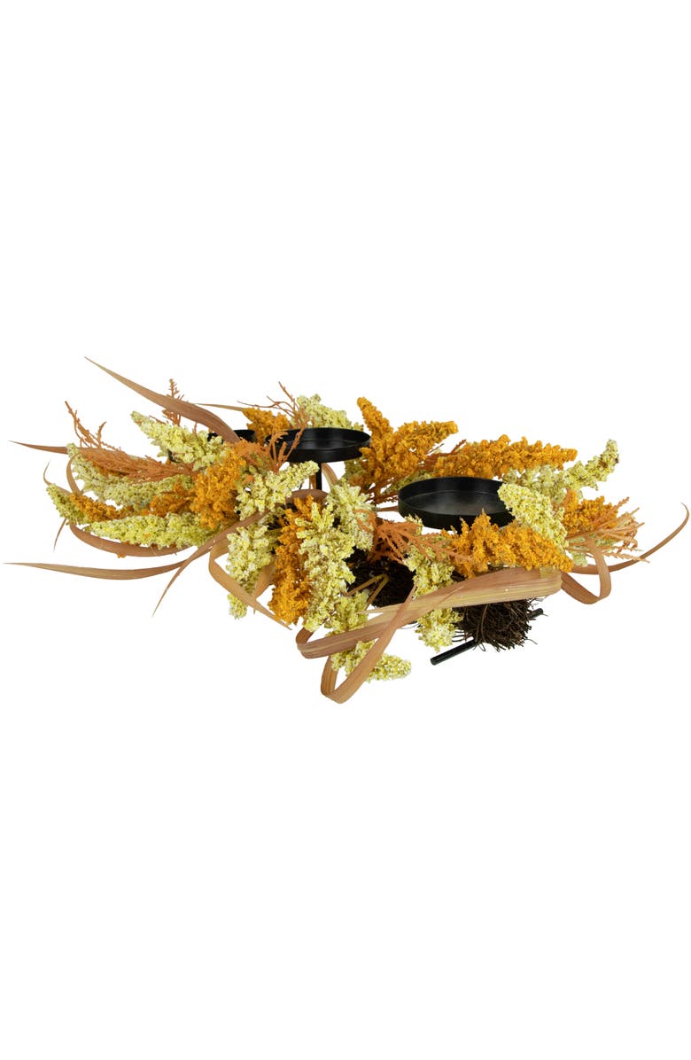 Northlight Autumn Harvest Triple Candle Holder with Artificial Fall Foliage - 22", Alternate, color, Orange