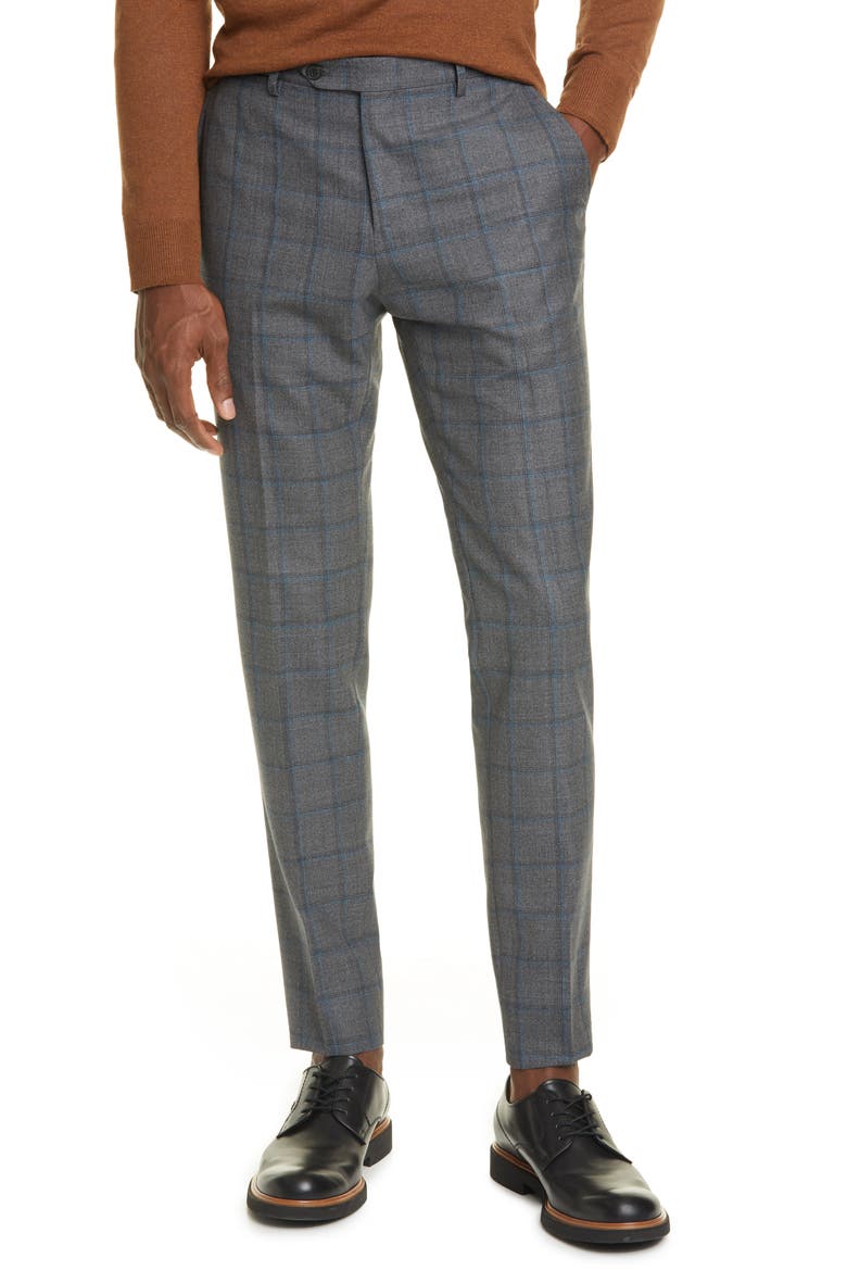 Flat Front Windowpane Wool Dress Pants, Main, color, GREY