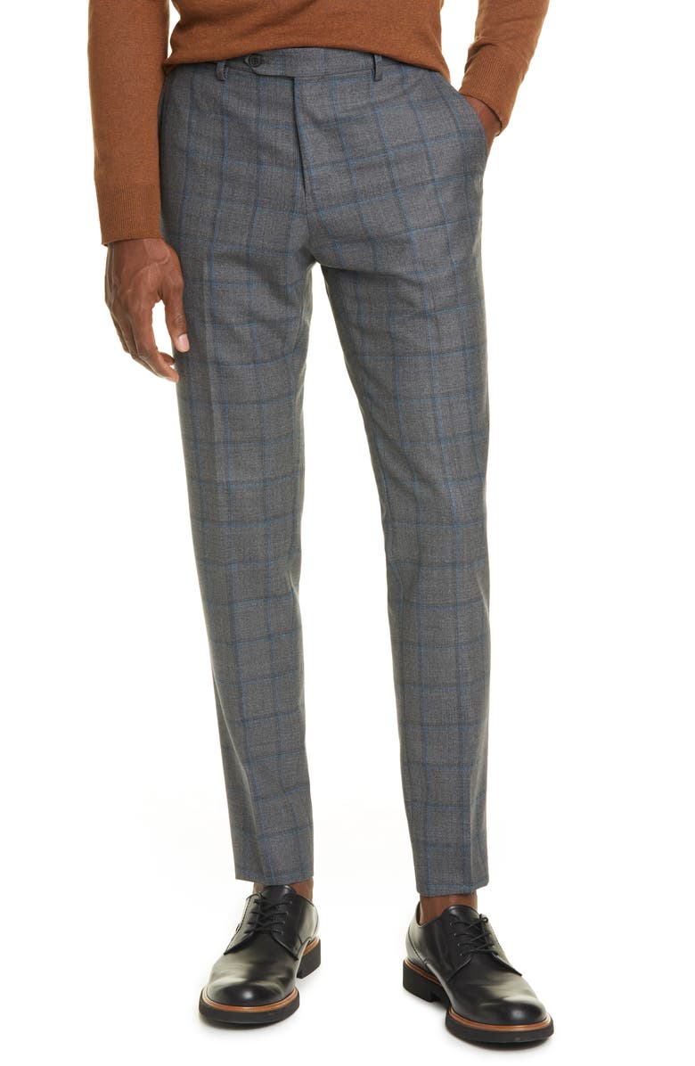 Eidos Flat Front Windowpane Wool Dress Pants, Main, color, 