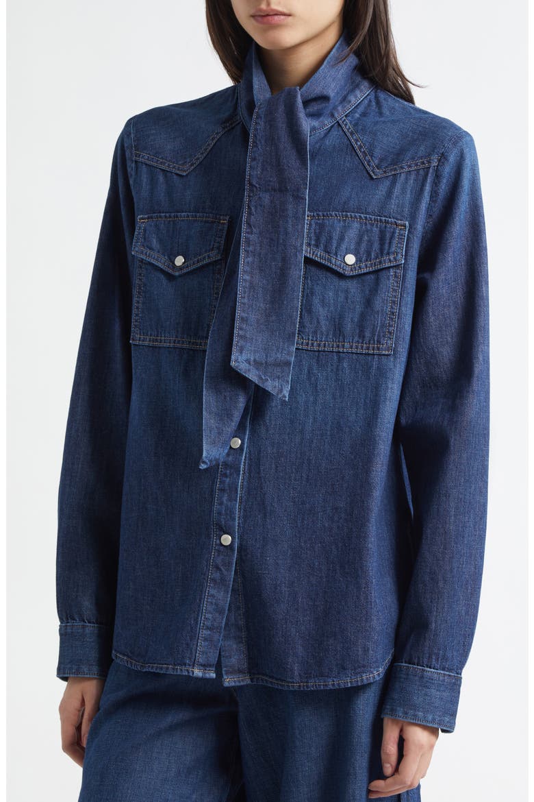Ranchers Daughter Tie Neck Denim Shirt, Alternate, color, DARK WASH