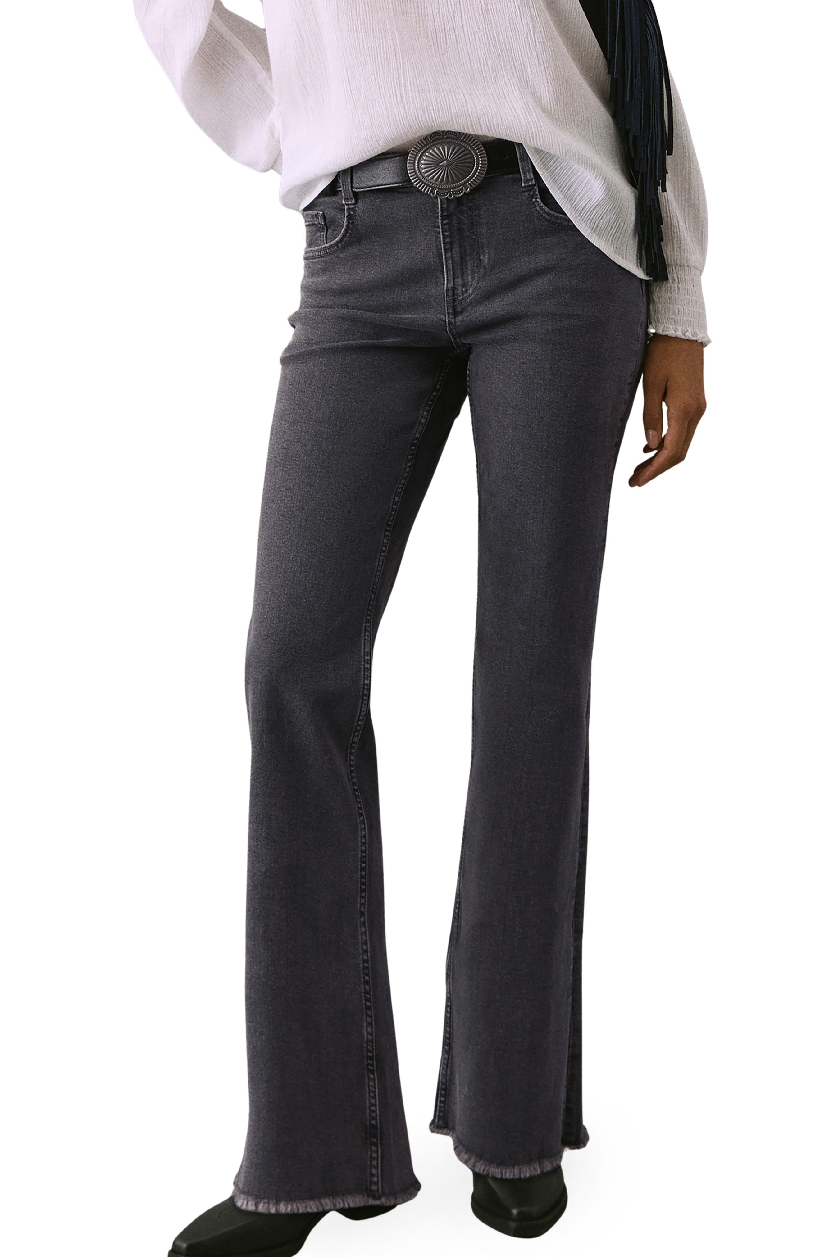 Mango Teen Frayed Mid Rise Flare Jeans In Black