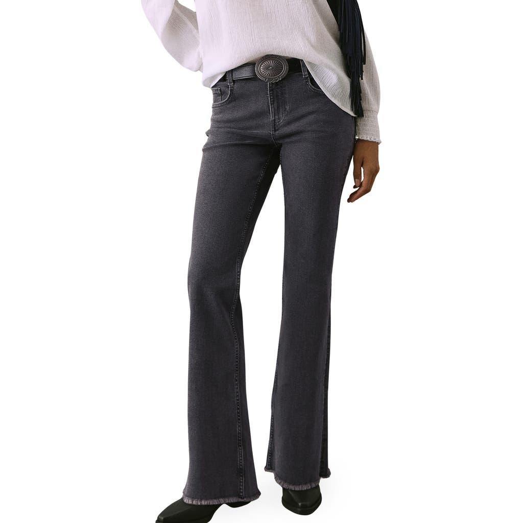 Mango Teen Frayed Mid Rise Flare Jeans In Black