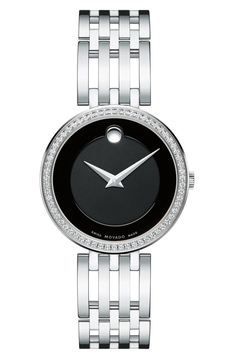 Movado 'Esperanza' Diamond Bezel Bracelet Watch, 28mm, Main, color, Silver/ Black