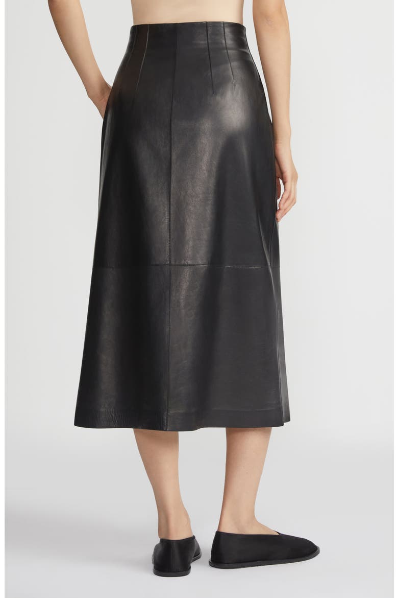 High Waist Napa Lambskin Leather A-Line Midi Skirt, Alternate, color, BLACK
