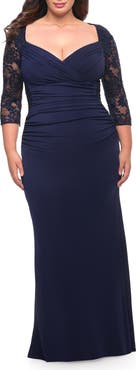 La Femme Jersey Plus Dress with Lace Sleeves and Back
