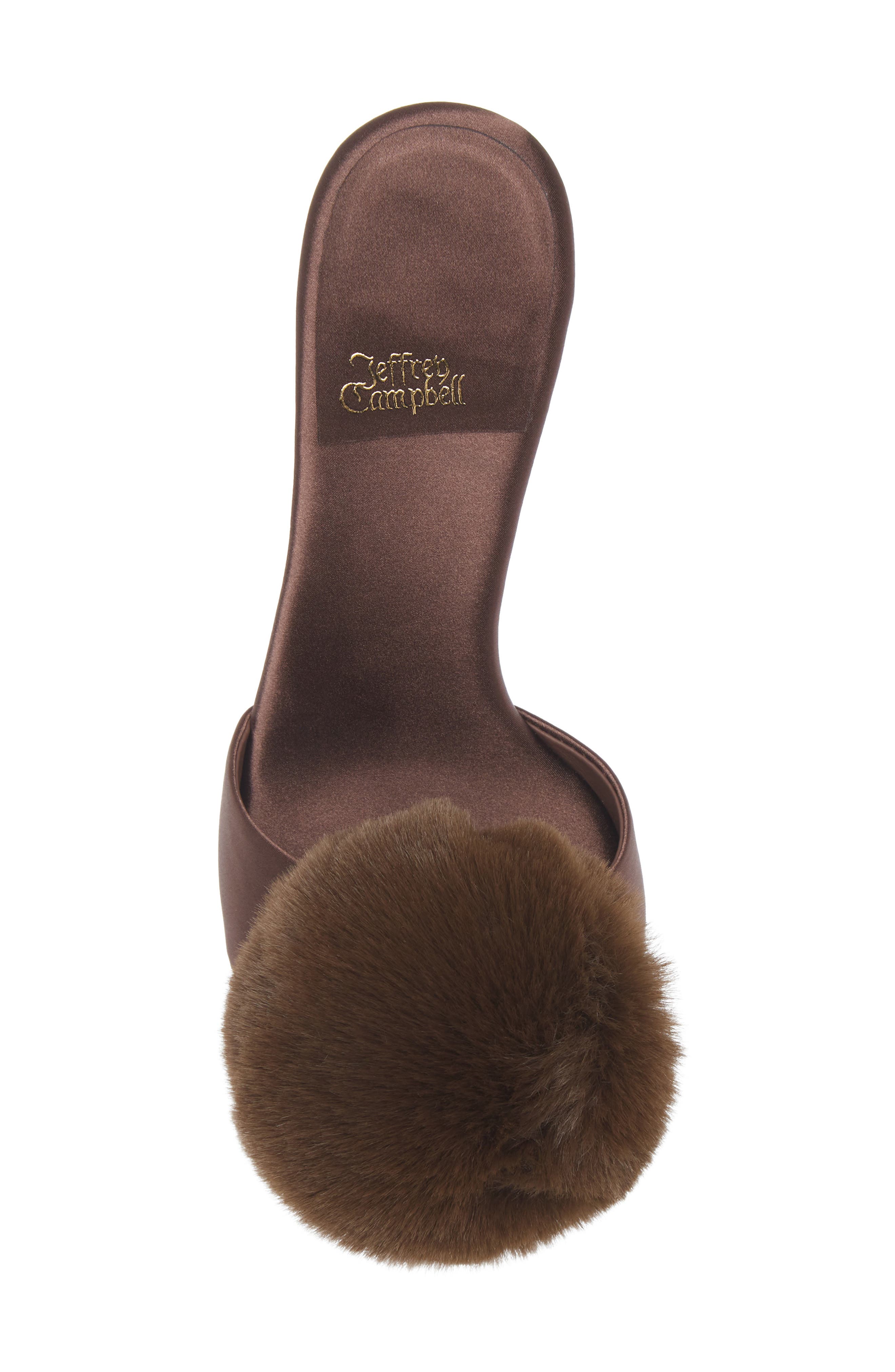 Jeffrey Campbell Shopaholic Faux Fur Pom Slide Sandal, Alternate, color, Brown Satin Combo