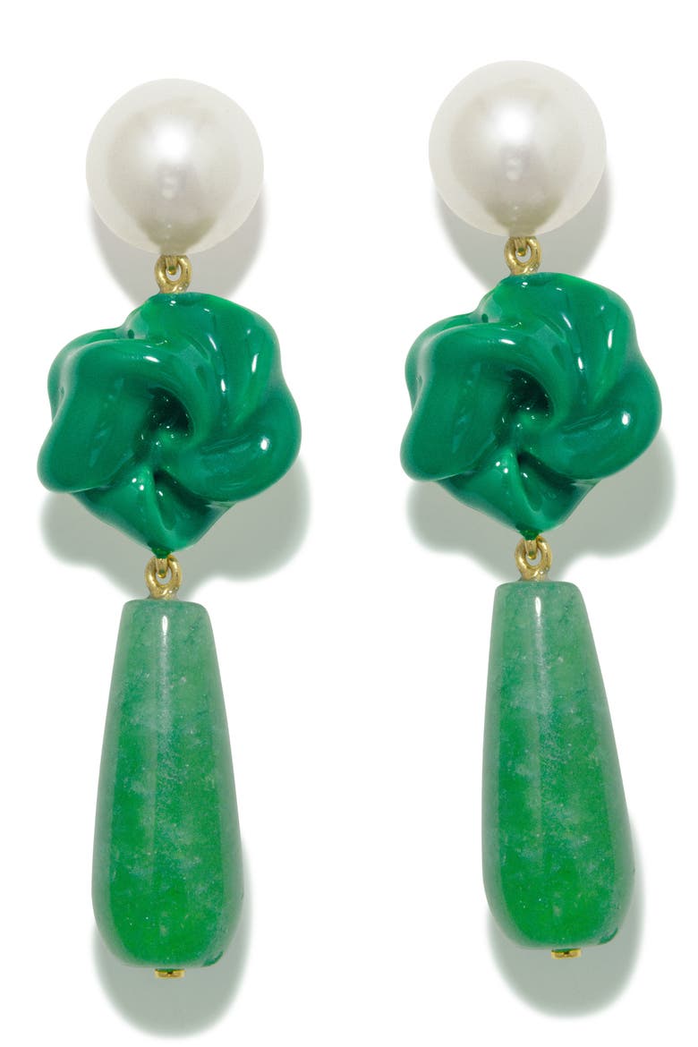 The Depths of Time Freshwater Pearl & Chalcedony Drop Earrings, Main, color, GREEN 18CT GOLD PLATED