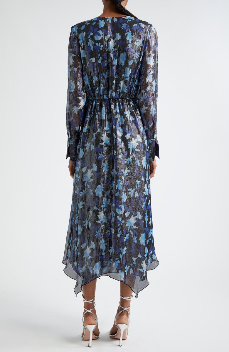 Ramy Brook Tatia Plunge Neck Asymmetric Hem Metallic Silk Dress, Alternate, color, 