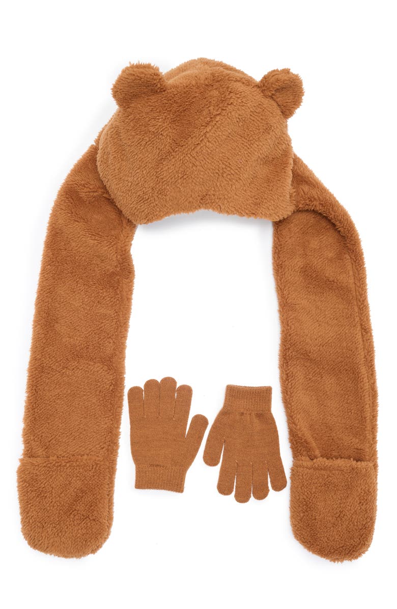 Olly & Me Kids' Bear Hood Scarf & Gloves Set, Main, color, Smore