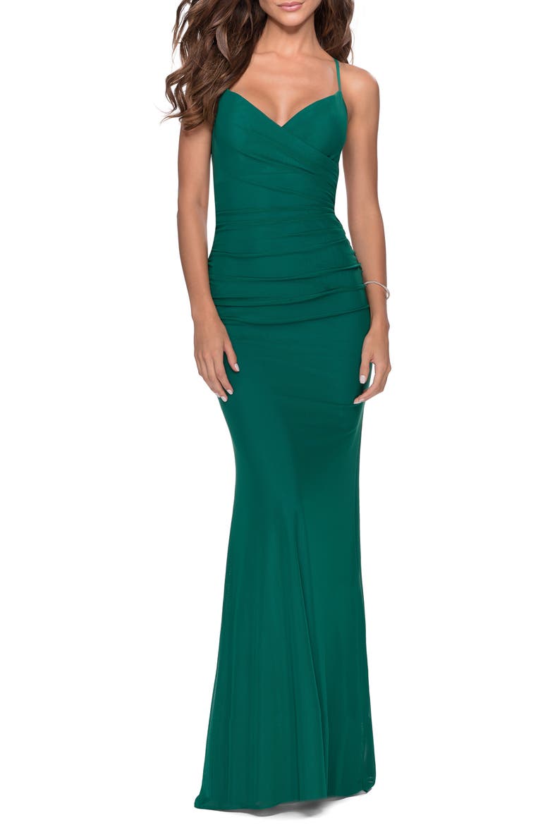 Fitted Jersey Long Dress with Lace Up Back, Main, color, EMERALD