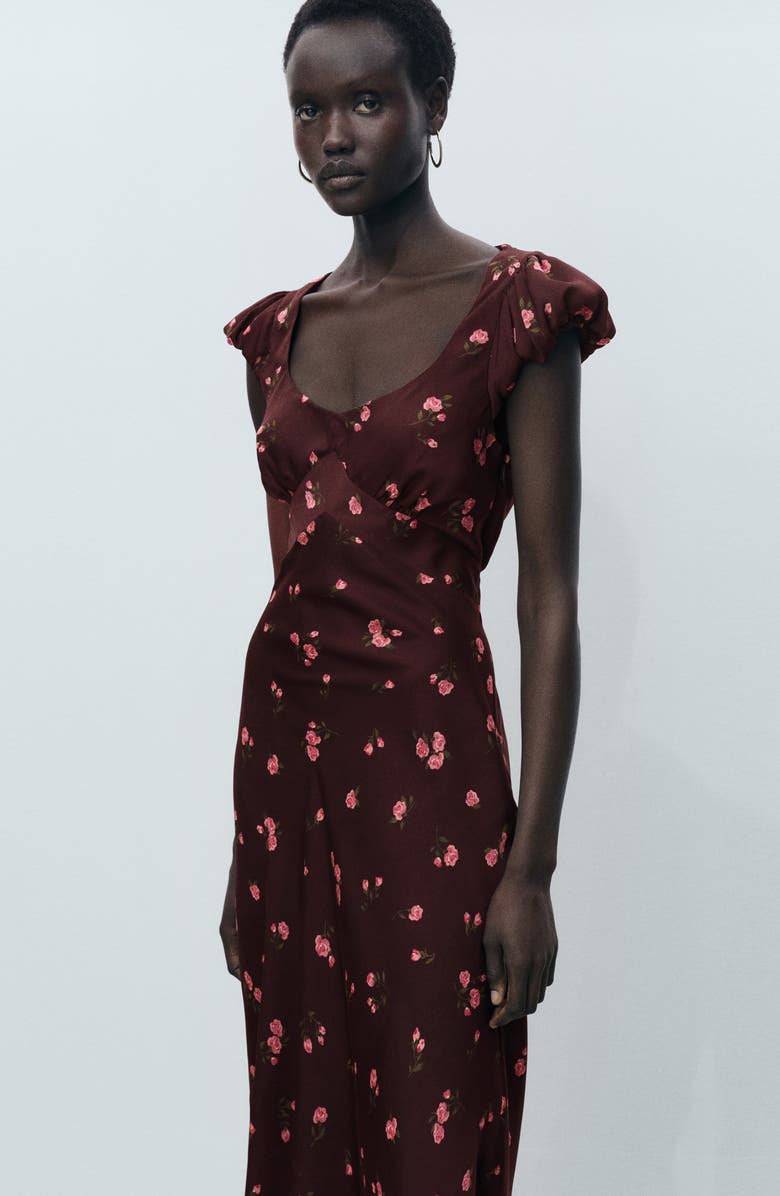 MANGO Floral Print Cap Sleeve Midi Dress, Alternate, color, 