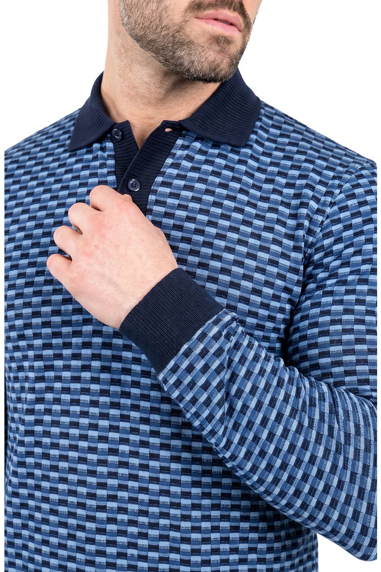Geometric Long Sleeved Cotton Polo, Alternate, color, BLUE