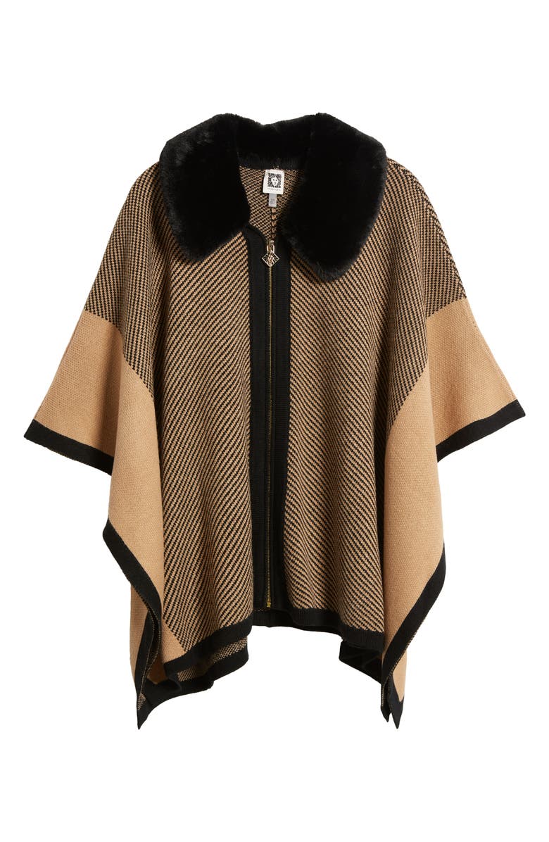Anne Klein Faux Fur Collar Zip Poncho, Alternate, color, 
