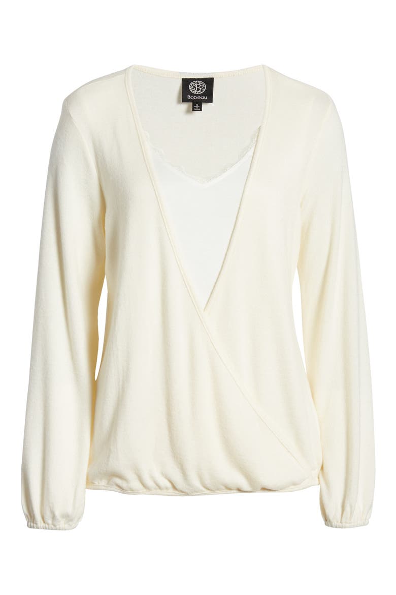 Wrap Front Lace Trim Long Sleeve Hacci Top, Alternate, color, WHISPER WHITE