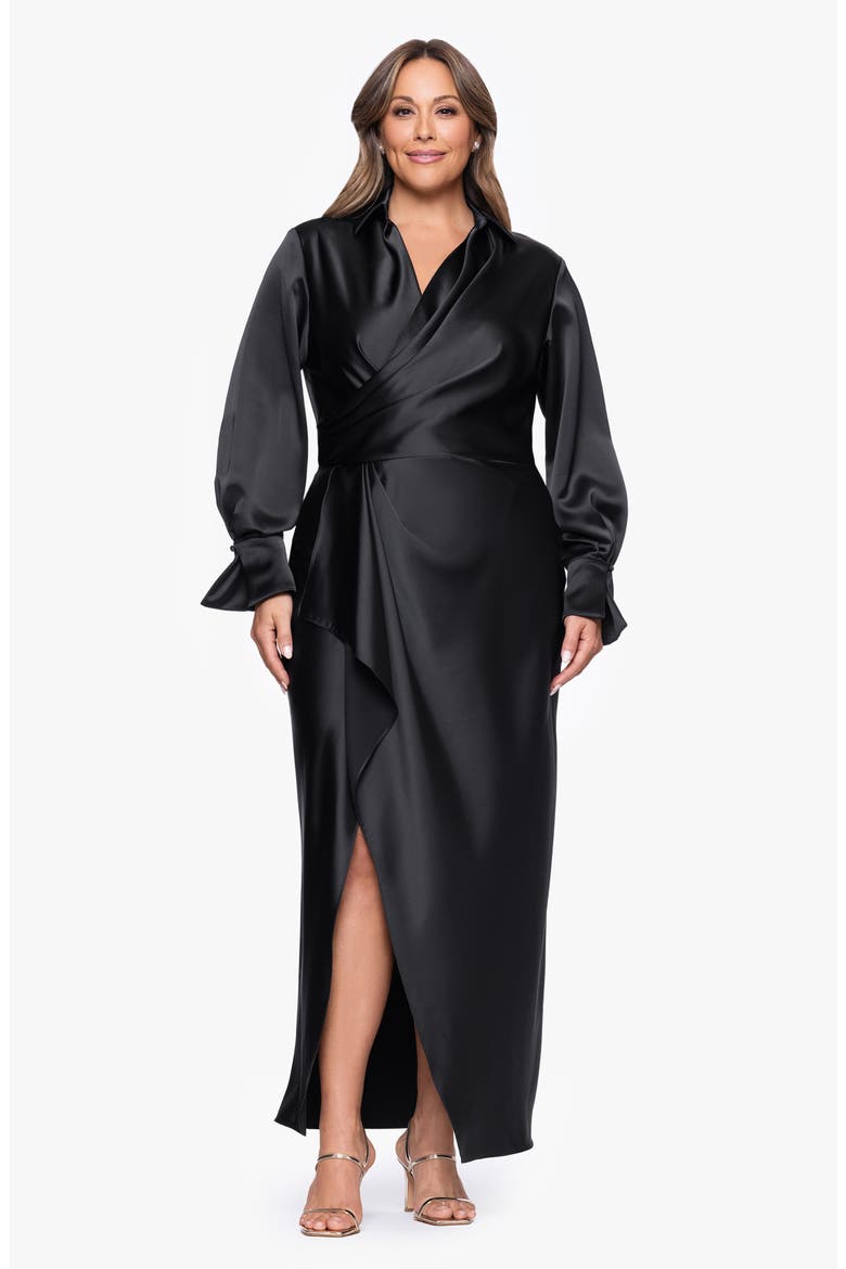 Collar Long Sleeve Satin Gown, Alternate, color, BLACK
