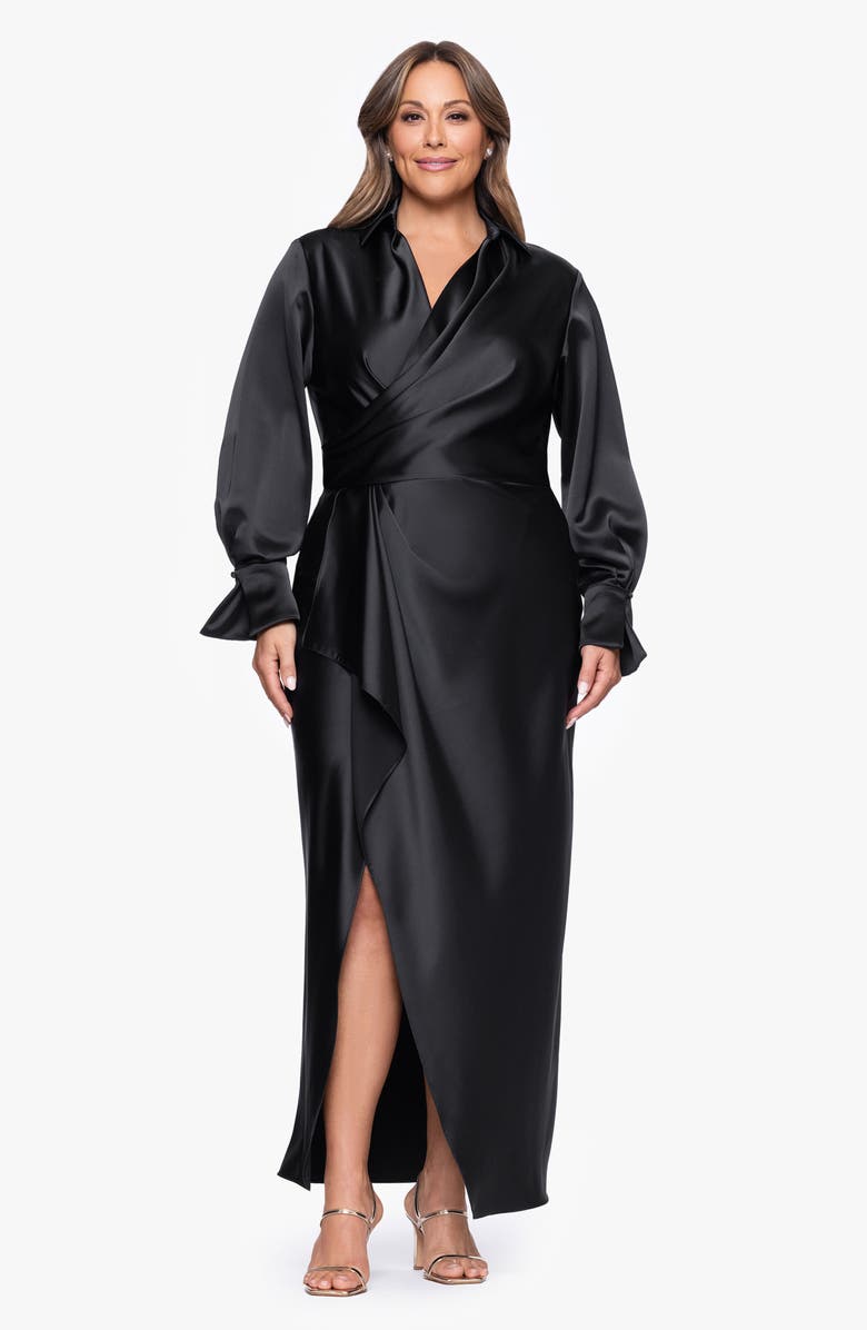 Xscape Evenings Collar Long Sleeve Satin Gown, Alternate, color, Black