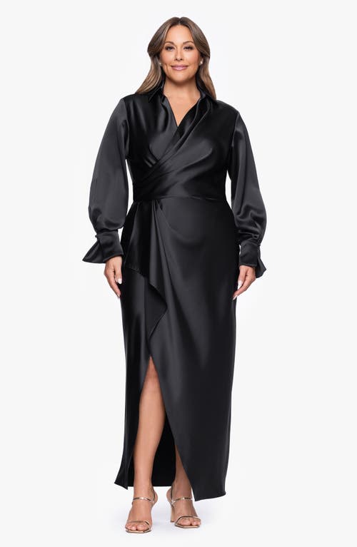 Xscape Evenings Collar Long Sleeve Satin Gown In Black