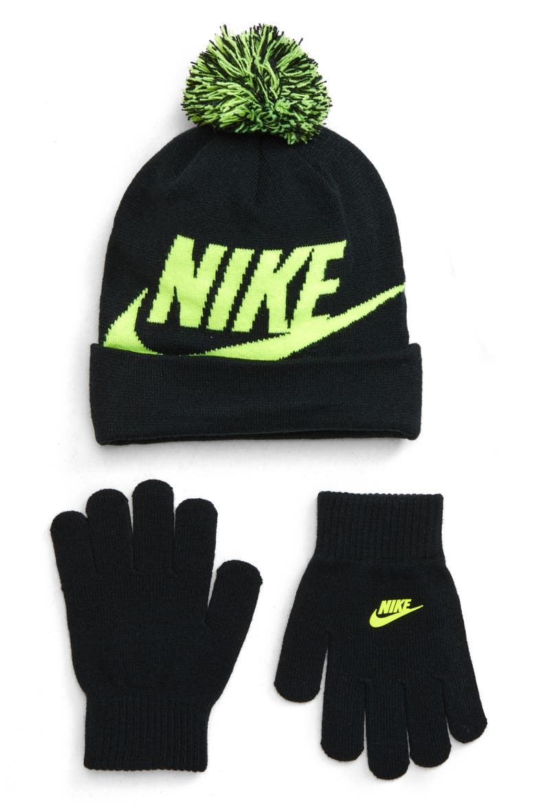 Swoosh Pom Beanie & Gloves Set, Main, color, BLACK/ VOLT