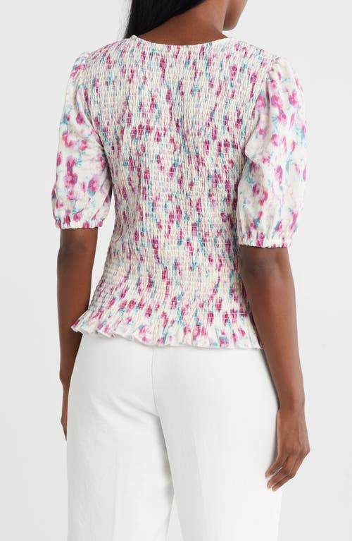 Bobeau Floral Puff Sleeve Smocked Top In Neutral
