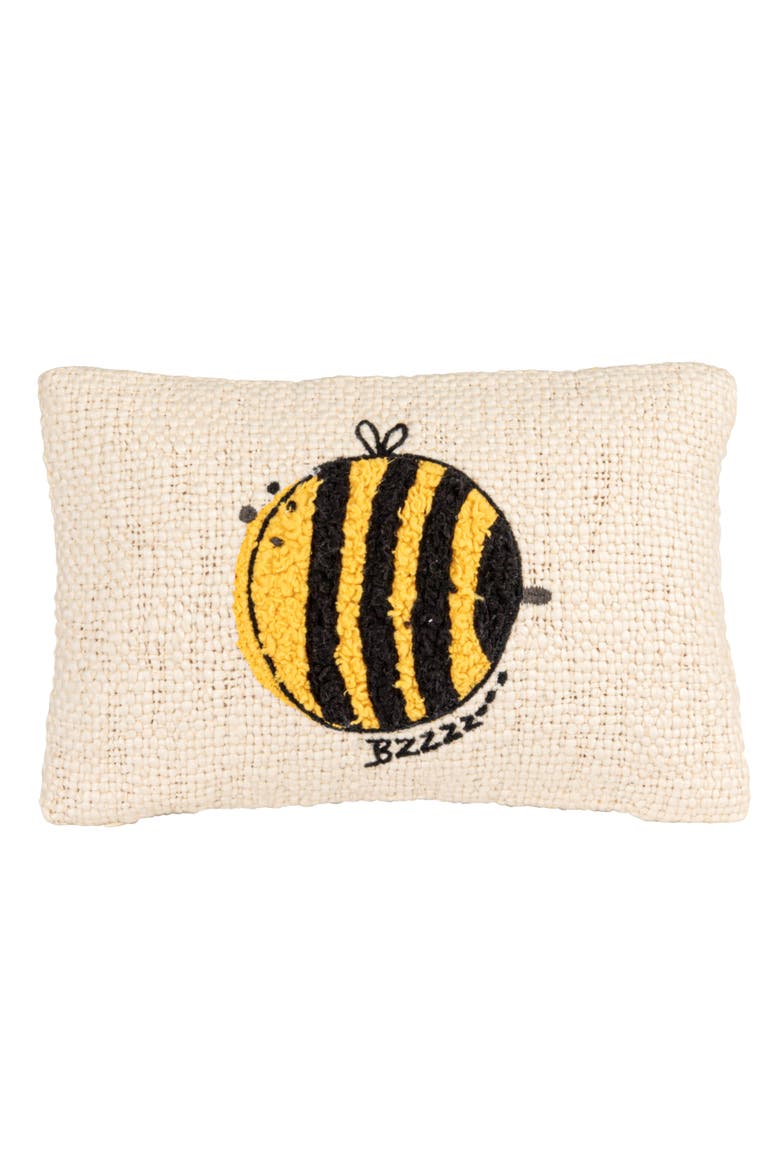 Woven Cotton Lumbar Pillow with Embroidered Bee Design, White and Yellow, Alternate, color, White