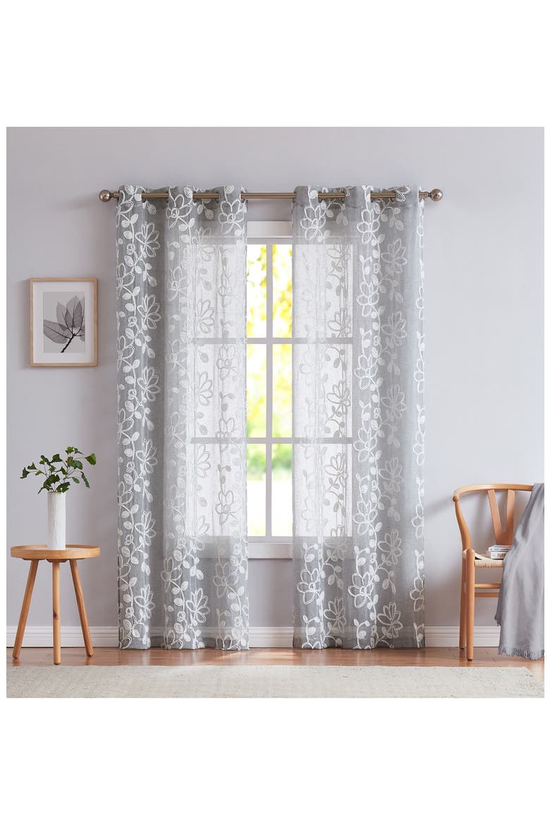 Set of 2 Embroidered Sheer Curtain Panels, Main, color, SILVER