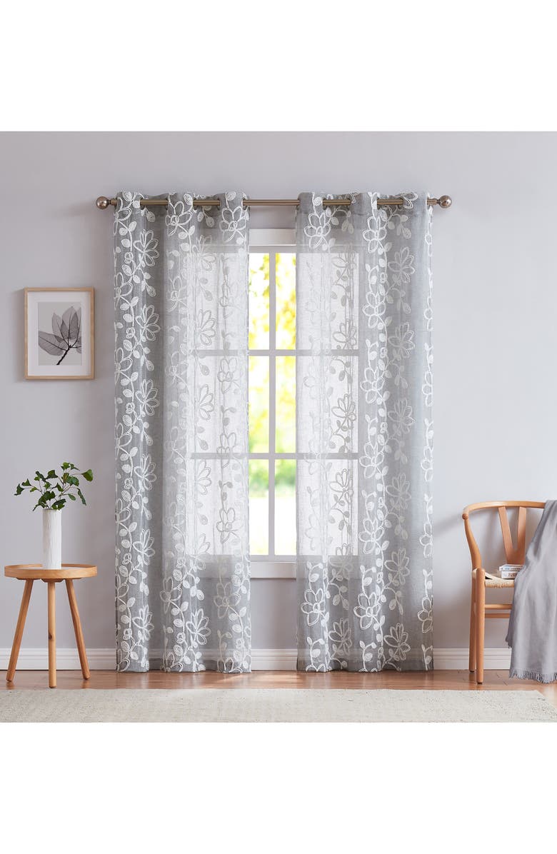 DAINTY HOME Set of 2 Embroidered Sheer Curtain Panels, Main, color, Silver