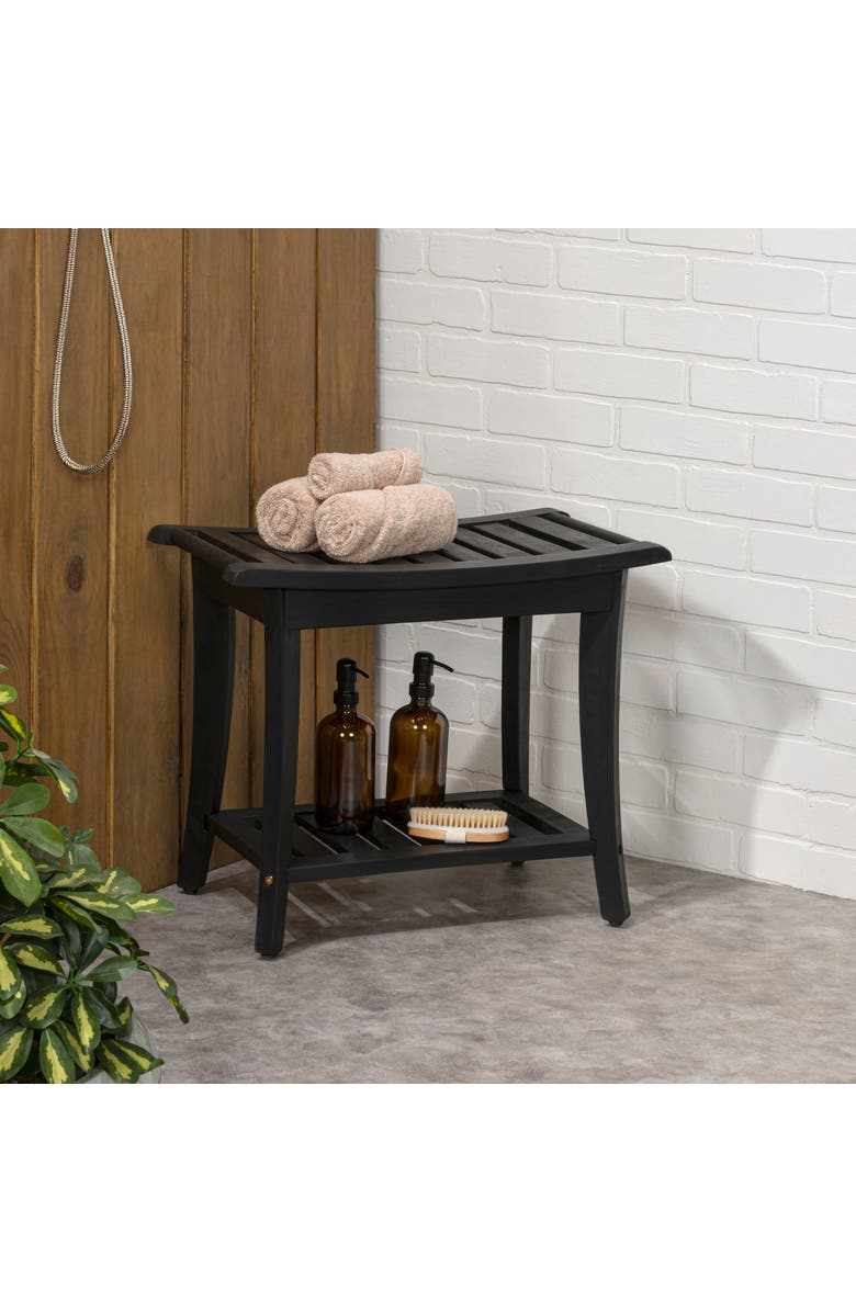 JONATHAN Y Tucker 22.1" Traditional Classic Slatted Solid Acacia Wood Indoor/Outdoor Shower Bench with Shelf and Handle, Alternate, color, Black