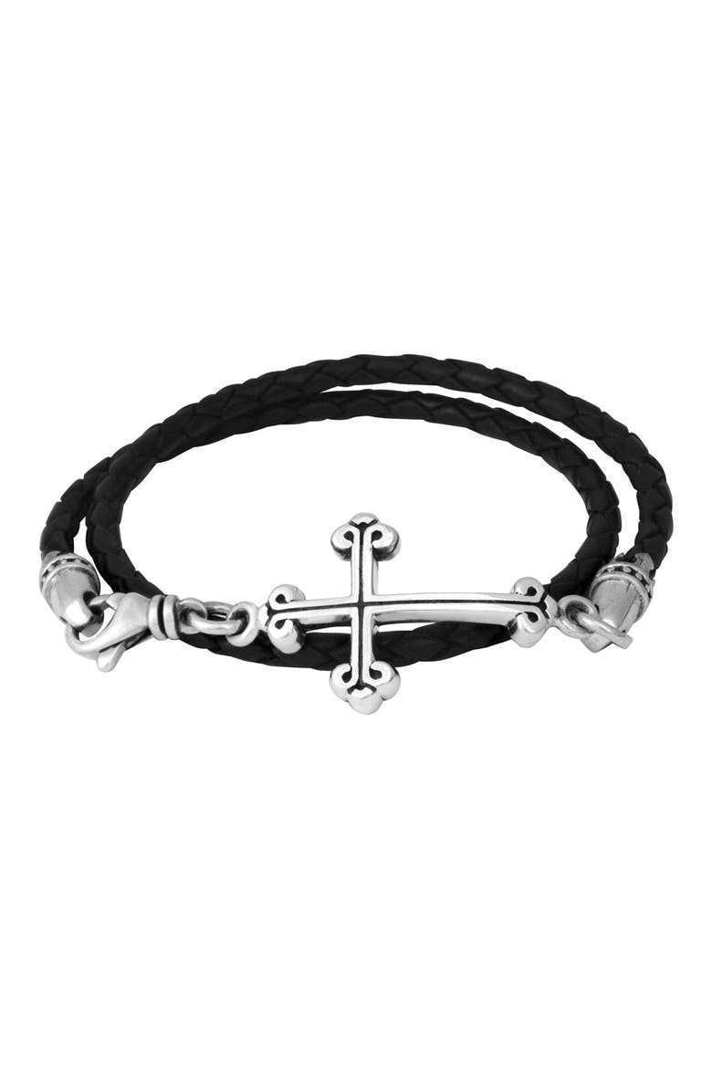 Thin Braided Leather Traditional Cross Double Wrapped Bracelet, Main, color, SILVER/ BLACK
