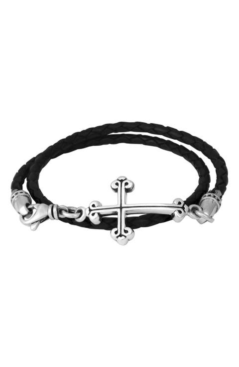 Thin Braided Leather Traditional Cross Double Wrapped Bracelet
