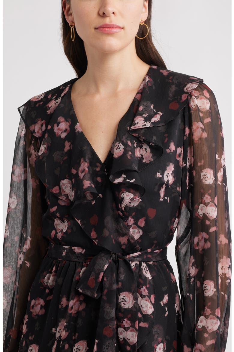 Floral Ruffle Trim Long Sleeve Chiffon Minidress, Alternate, color, BLACK- BURG FLORAL