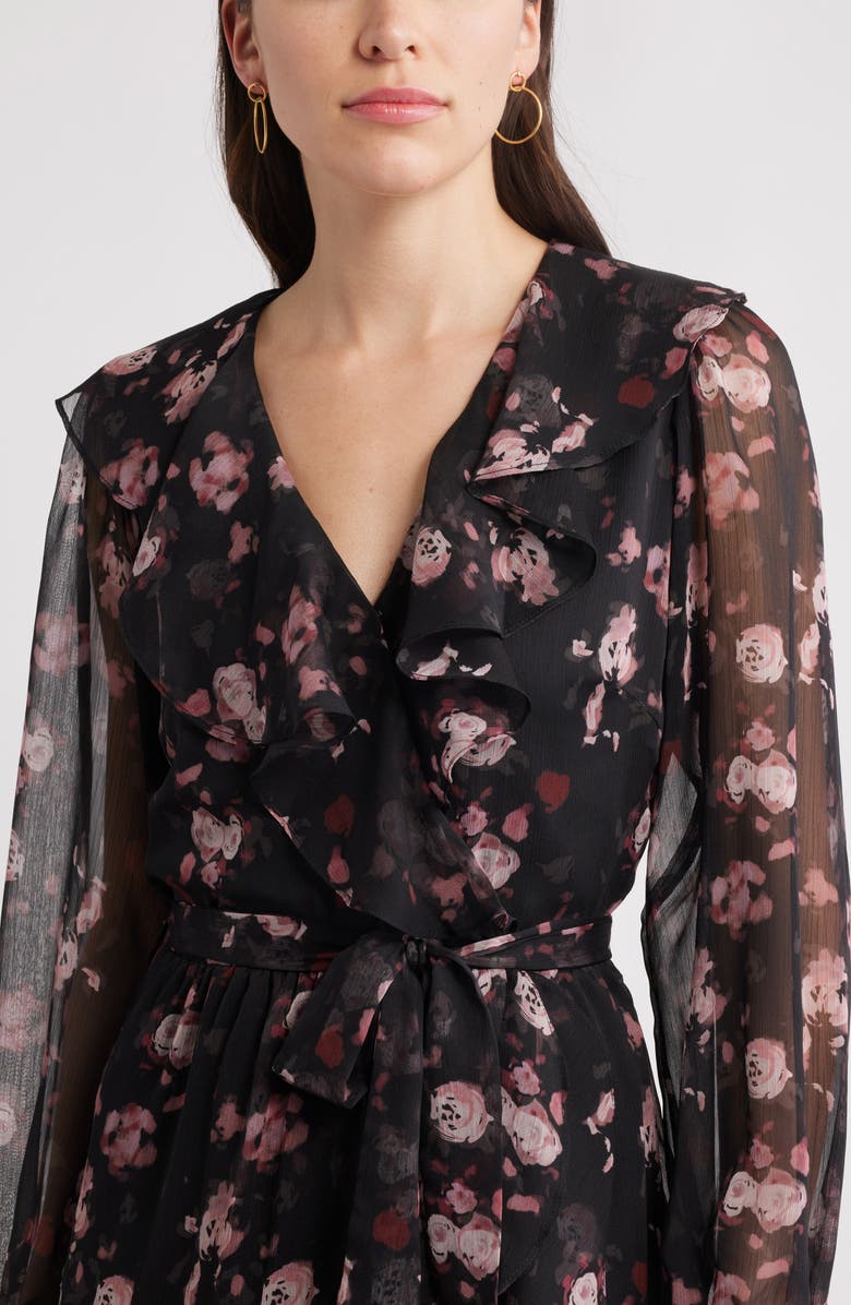 Chelsea28 Floral Ruffle Trim Long Sleeve Chiffon Minidress, Alternate, color, Black- Burg Floral