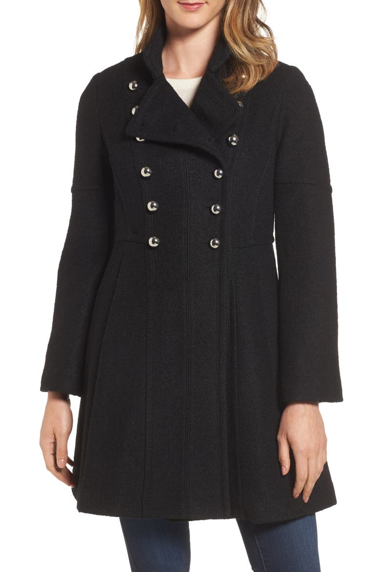 Double Breasted Fit & Flare Coat, Main, color, BLACK