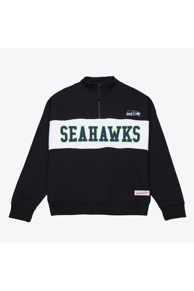 Women's Mitchell & Ness  Black Seattle Seahawks Oversized Statement Quarter-Zip Sweatshirt, Main, color, Black