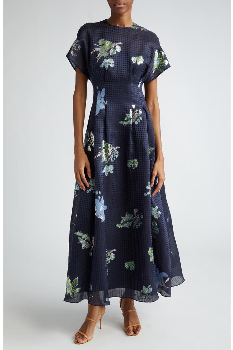 Floral Pleated Metallic Gingham Linen & Silk Blend Dress, Main, color, NAVY