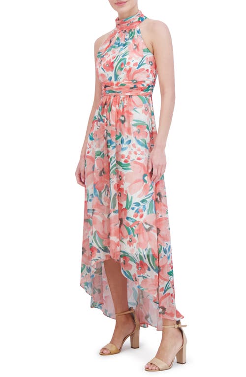 ELIZA J ELIZA J FLORAL SLEEVELESS HIGH-LOW CHIFFON GOWN 
