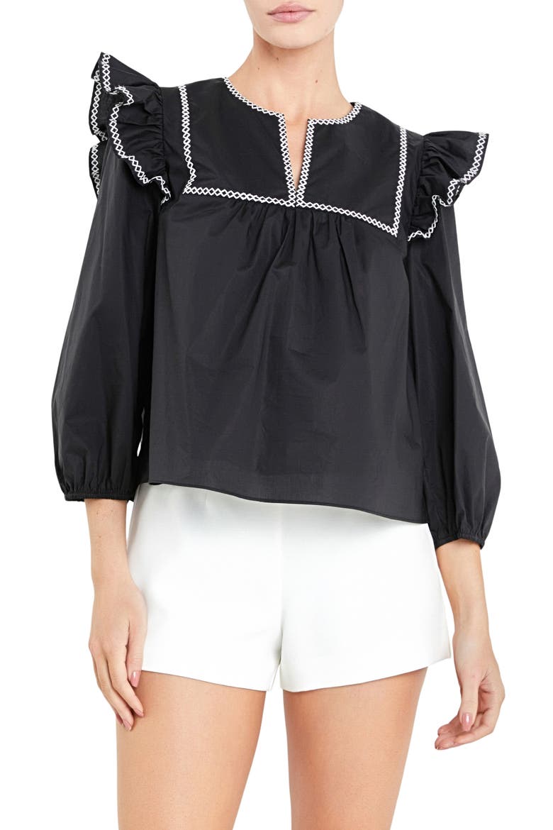 Embroidered Ruffle Balloon Sleeve Cotton Top, Main, color, BLACK/ WHITE