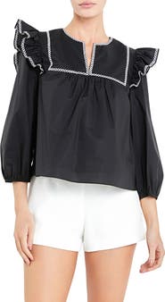 English Factory Embroidered Ruffle Balloon Sleeve Cotton Top