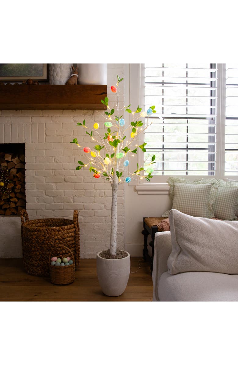 NEARLY NATURAL 5-ft Pre-Lit Artificial Blooming Easter Egg Twig Tree with 18 Warm White LED Lights, Alternate, color, White