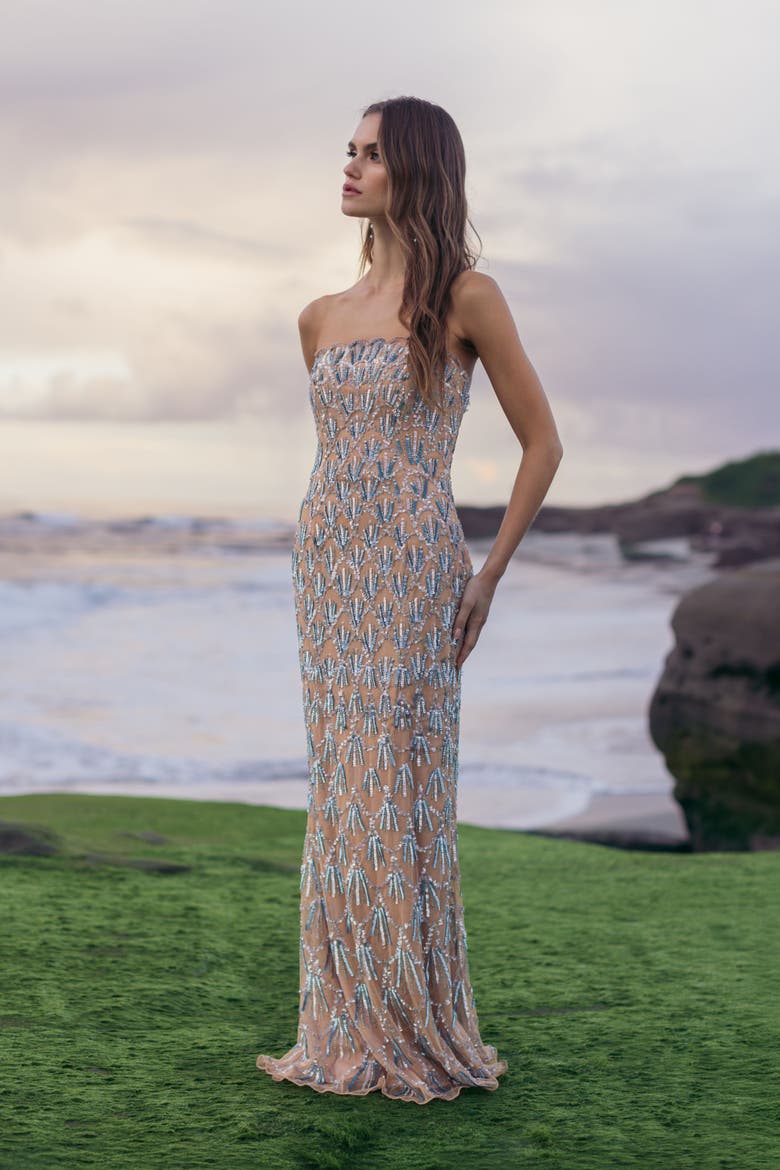 Strapless Hand Beaded Mesh Mermaid Gown, Alternate, color, Nude Silver