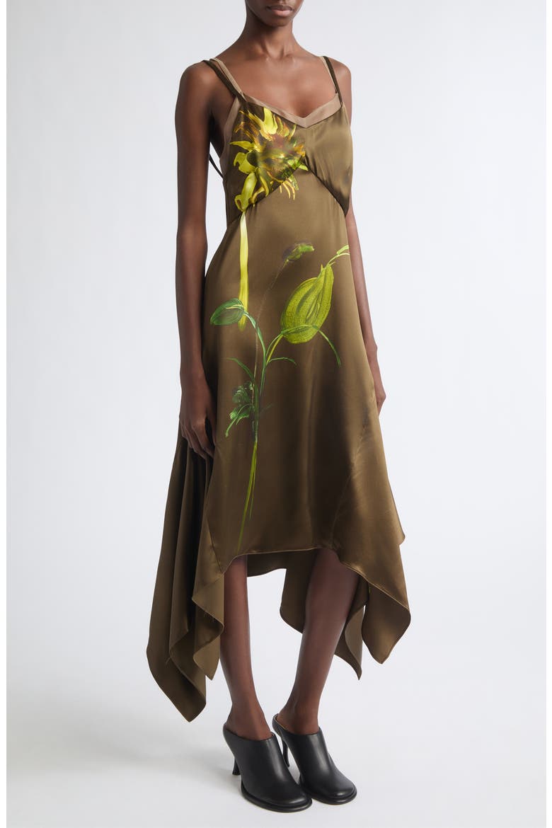 Sunflower Print Silk Slipdress, Alternate, color, BROWN